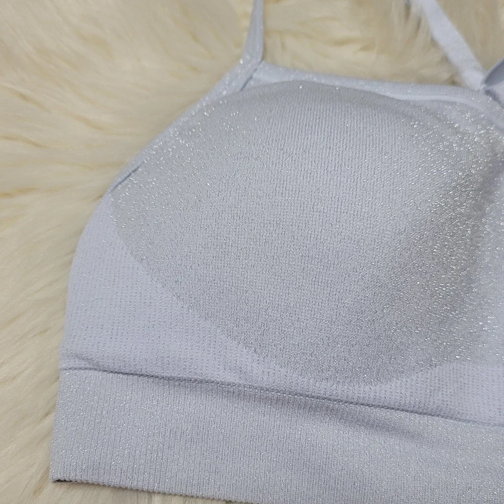 VS PINK Victoria's Secret Seamless Strappy Sports Bra M Silver Shimmer Glitter